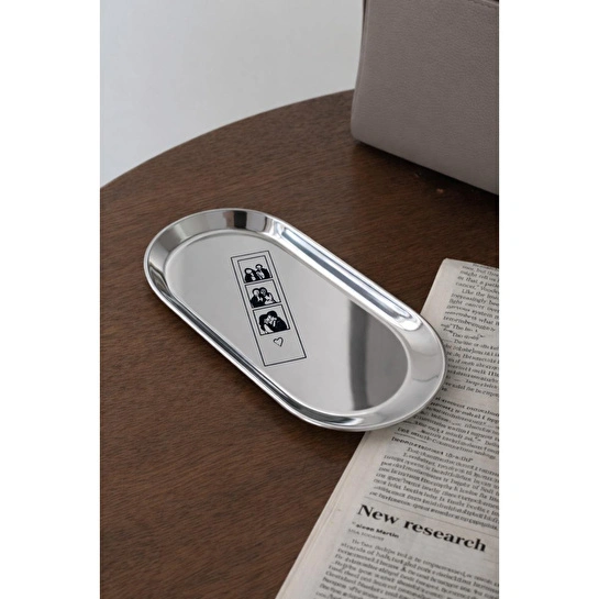 Beige & Stone Love Story Desenli Gümüş Paslanmaz Çelik Tepsi Takılık, Sunum Düzenleyici Sevgililer Günü Hediyesi