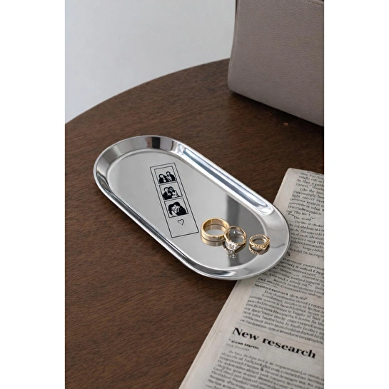 Beige & Stone Love Story Desenli Gümüş Paslanmaz Çelik Tepsi Takılık, Sunum Düzenleyici Sevgililer Günü Hediyesi