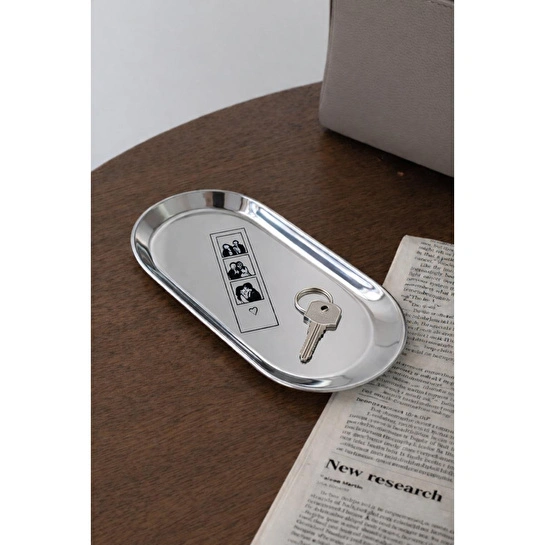 Beige & Stone Love Story Desenli Gümüş Paslanmaz Çelik Tepsi Takılık, Sunum Düzenleyici Sevgililer Günü Hediyesi