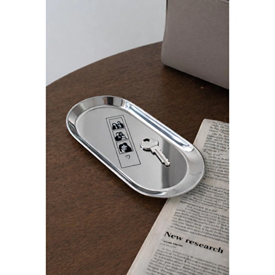 Beige & Stone Love Story Desenli Gümüş Paslanmaz Çelik Tepsi Takılık, Sunum Düzenleyici Sevgililer Günü Hediyesi