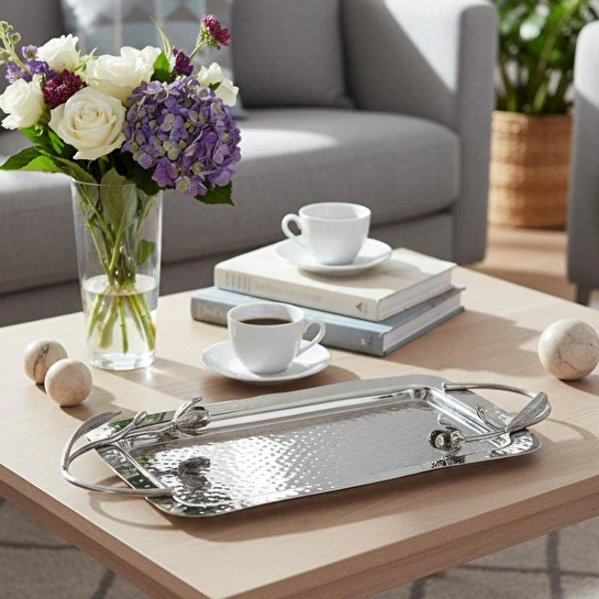Cornella Floral Dekoratif Tepsi Silver Büyük En:25 Cm X Boy:43 Cm X Tümü :54 Cm