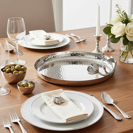 Cornella Floral Dekoratif Yuvarlak Sunum Tabağı Silver Çap:29 Cm