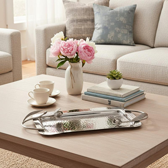 Cornella Floral Dekoratif Tepsi Silver Küçük En:21 Cm X Boy:31 Cm X Tüm:43 Cm