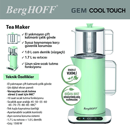 Berghoff Gem Retro 1.7 Litre Mint Yeşil Çay Makinesi