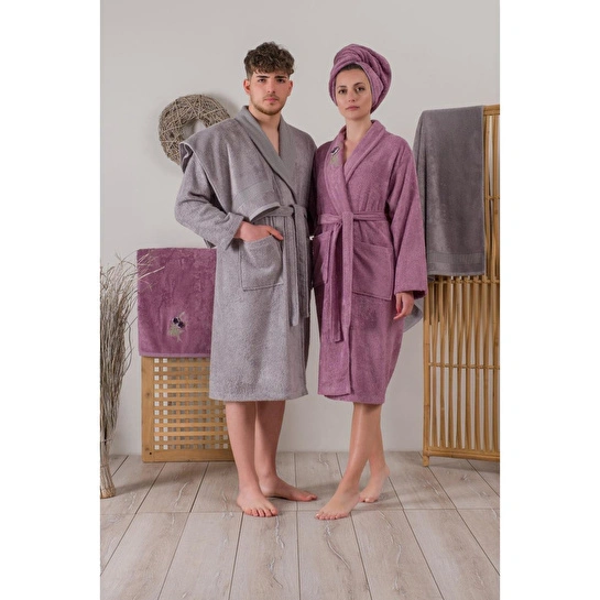 Cotton Box Bambu 3d Nakışlı Aile Bornoz Seti Violet Mürdüm-gri