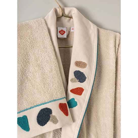 Cotton Box Puff Nakışlı Aile Bornoz Seti Gaja Bej-petrol