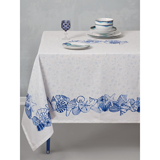Cotton Box Pano Baskılı Masa Örtüsü Cowry Mavi 170x230