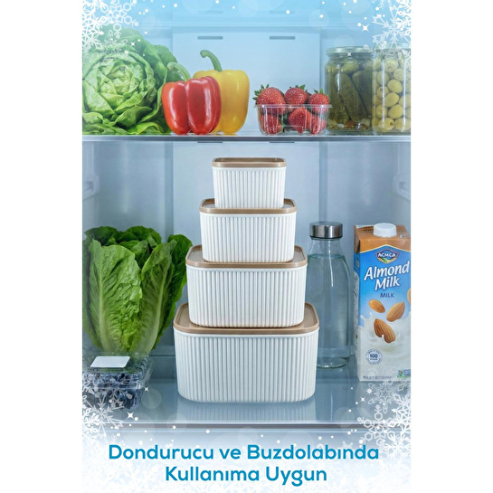 Vienev 4'lü Çizgili Kare Saklama Kabı Seti Bej - Mikrodalga Ve Derin Dondurucu Uyumlu