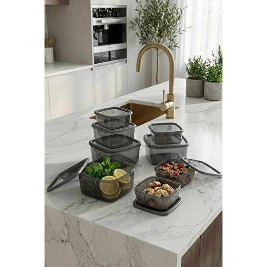 Vienev 8'li Kare Hava Geçirmez Saklama Kabı Antrasit (1,4 Lt - 850 Ml - 500 Ml - 270 Ml)