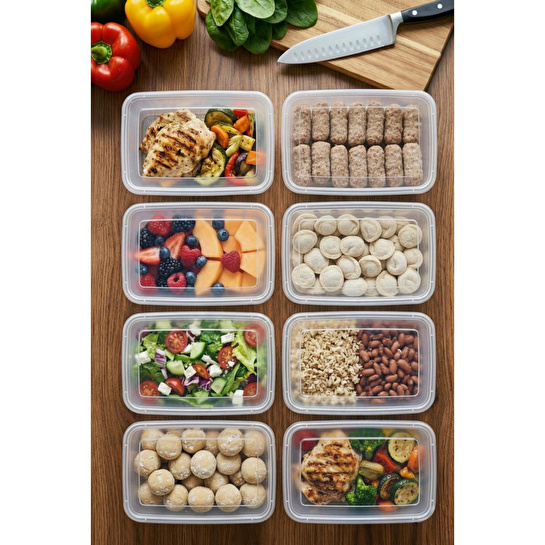 Vienev 8'li 2 Lt Sabit Kapaklı Şeffaf Saklama Kabı Seti - Dikdörtgen Bakliyat Erzak Düzenleyici Kutu