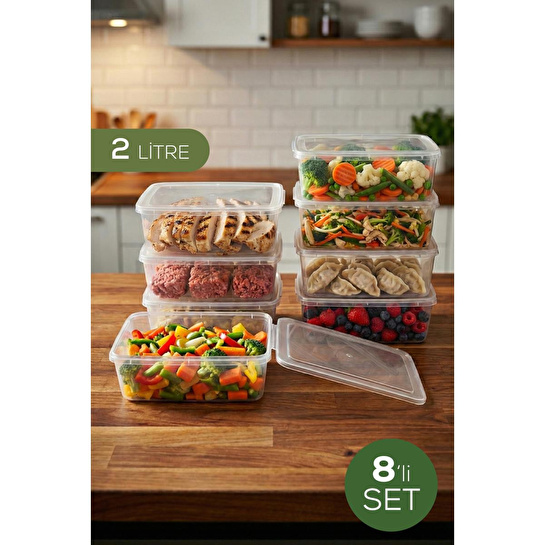 Vienev 8'li 2 Lt Sabit Kapaklı Şeffaf Saklama Kabı Seti - Dikdörtgen Bakliyat Erzak Düzenleyici Kutu