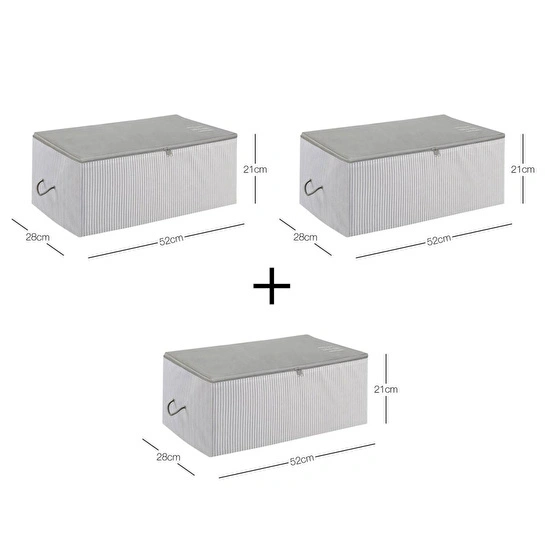 Ocean Home Textile 3'lü Orta Boy Gri Çizgili Stuff & Things Hurç Set 52 X 28 X 21 Cm