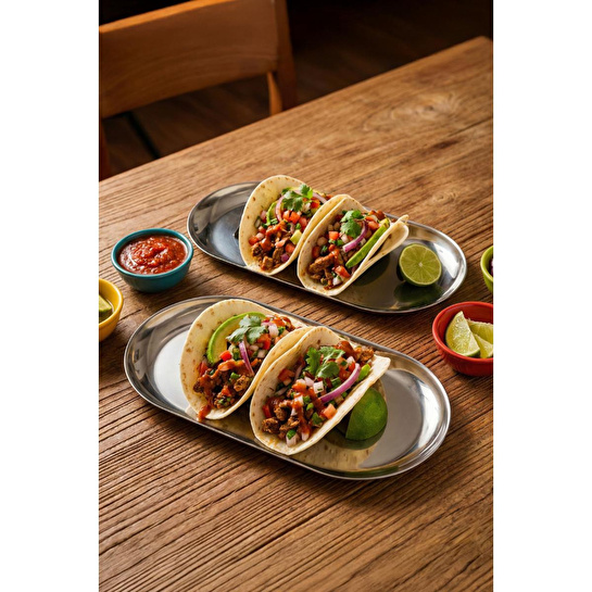 Vienev 2’li Büyük Boy Gümüş Renk Oval Kayık Tabak Seti - Sunum Ve Çerezlik Tabağı