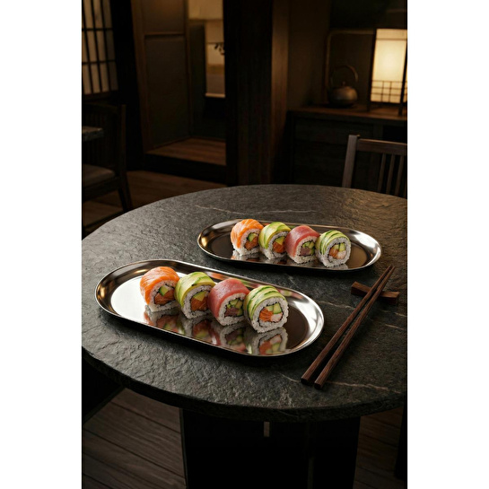 Vienev 2’li Büyük Boy Gümüş Renk Oval Kayık Tabak Seti - Sunum Ve Çerezlik Tabağı