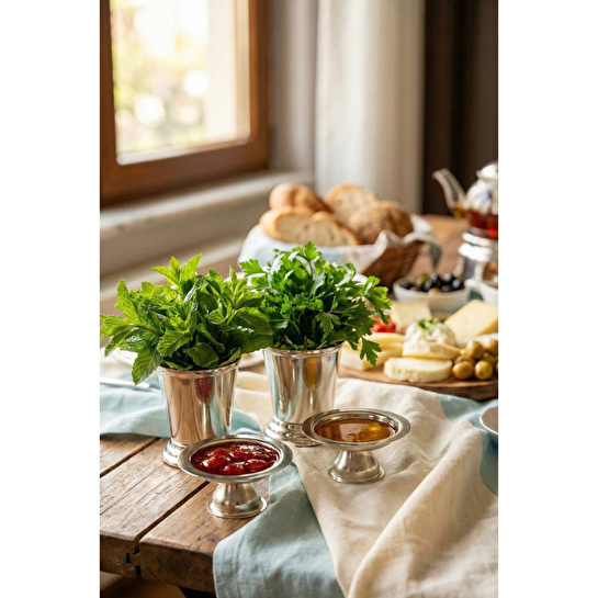 Vienev 4'lü Gümüş Renk Kahve Yanı Sunum Seti - 2x(ayaklı Lokumluk, Mini Gül Kovası) - Çeyizlik İkramlık