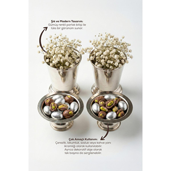 Vienev 4'lü Gümüş Renk Kahve Yanı Sunum Seti - 2x(ayaklı Lokumluk, Mini Gül Kovası) - Çeyizlik İkramlık