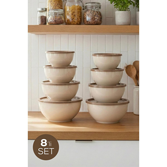 Vienev 8'li Yuvarlak Kase Seti Bej | 1l, 1.5l, 2.3l, 3.3l | Kapaklı Çok Amaçlı Mutfak Saklama Kabı