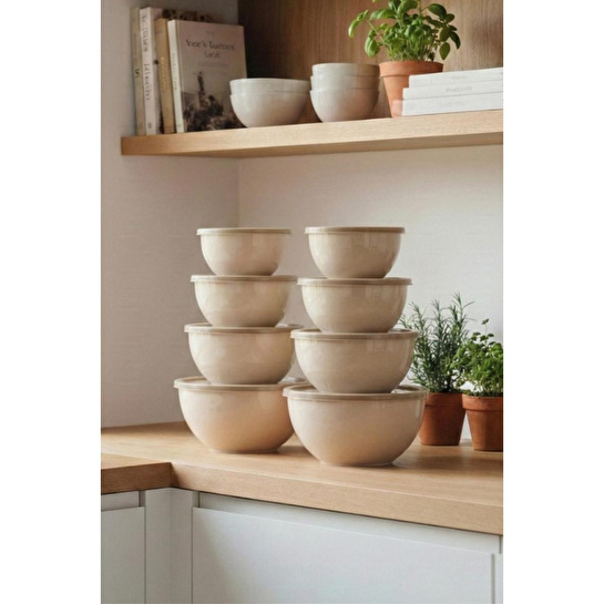 Vienev 8'li Yuvarlak Kase Seti Bej | 1l, 1.5l, 2.3l, 3.3l | Kapaklı Çok Amaçlı Mutfak Saklama Kabı