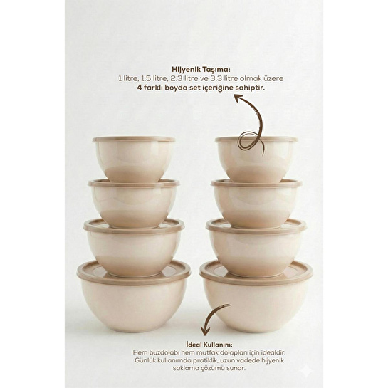 Vienev 8'li Yuvarlak Kase Seti Bej | 1l, 1.5l, 2.3l, 3.3l | Kapaklı Çok Amaçlı Mutfak Saklama Kabı