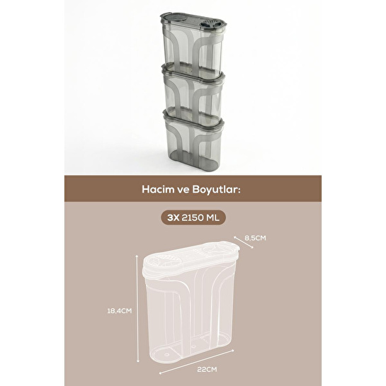 Vienev 3'lü Çift Kapaklı Erzak Saklama Kabı Seti 2150 Ml Antrasit