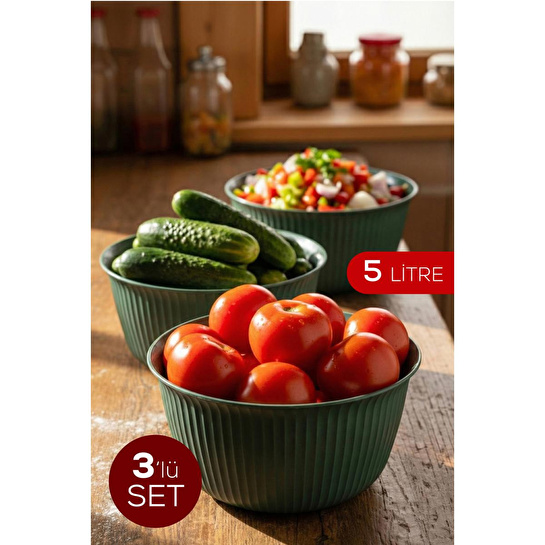 Vienev 3'lü 5 Litre Plastik Karıştırma Ve Saklama Kase Seti Yeşil