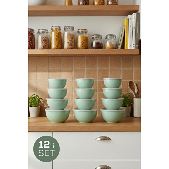 Vienev 12'li Yuvarlak Kase Seti Mint Yeşili | 1l, 1.5l, 2.3l, 3.3l | Kapaklı Mutfak Saklama Kabı