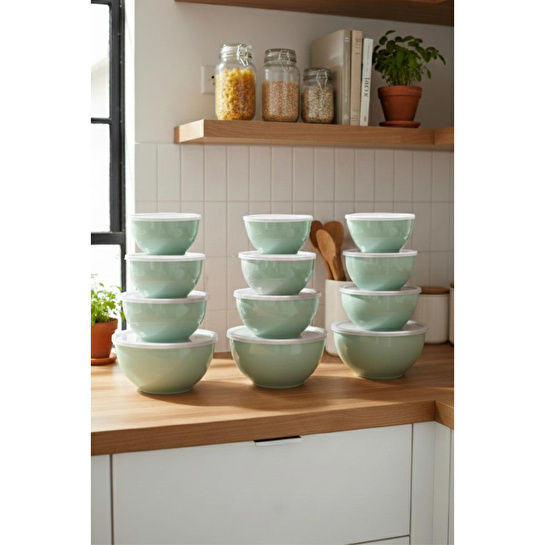Vienev 12'li Yuvarlak Kase Seti Mint Yeşili | 1l, 1.5l, 2.3l, 3.3l | Kapaklı Mutfak Saklama Kabı