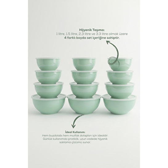 Vienev 12'li Yuvarlak Kase Seti Mint Yeşili | 1l, 1.5l, 2.3l, 3.3l | Kapaklı Mutfak Saklama Kabı