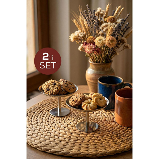 Vienev 2'li Gümüş Renk Metal Sunum Standı - Şık Ve Dekoratif İkramlık Standı