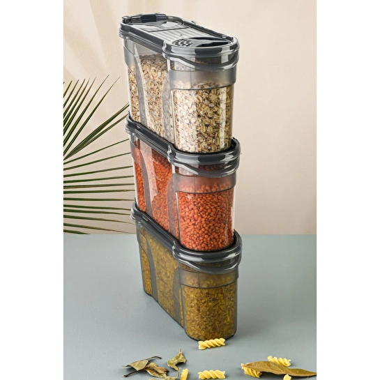 Vienev 3'lü Çift Kapaklı Erzak Saklama Kabı Seti 1400 Ml Antrasit