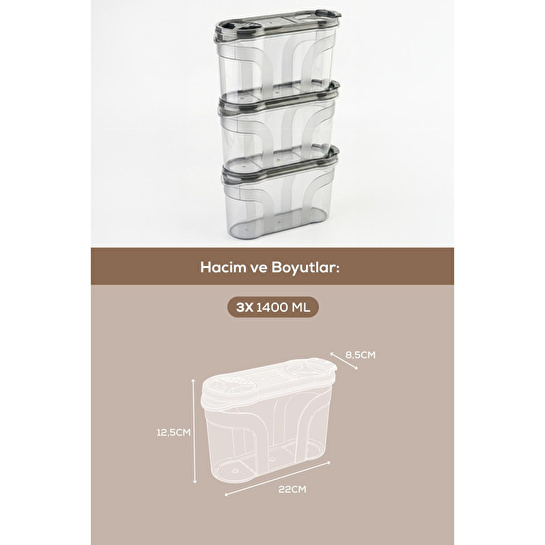 Vienev 3'lü Çift Kapaklı Erzak Saklama Kabı Seti 1400 Ml Antrasit