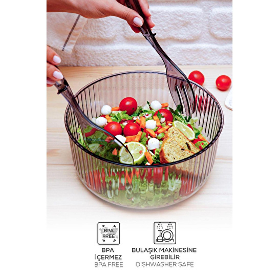 Vienev Akrilik Yuvarlak Kaşıklı Salata Kasesi 23 Cm Servis Sunum Tabağı Antrasit