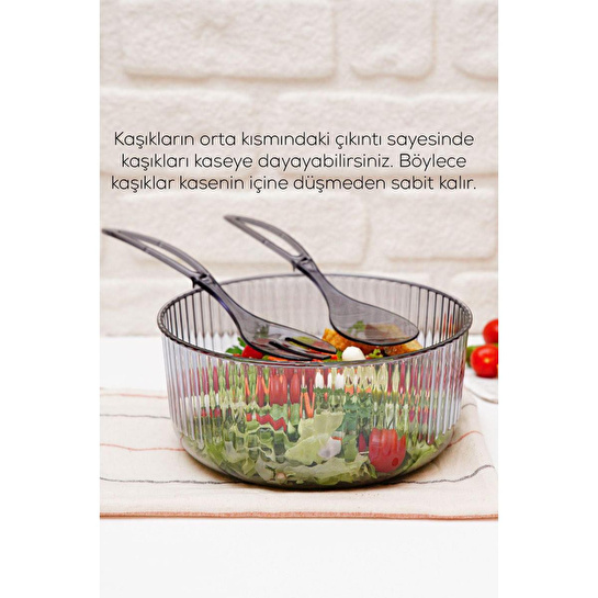 Vienev Akrilik Yuvarlak Kaşıklı Salata Kasesi 23 Cm Servis Sunum Tabağı Antrasit
