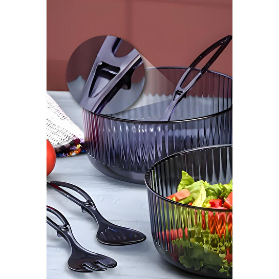 Vienev Akrilik Yuvarlak Kaşıklı Salata Kasesi 23 Cm Servis Sunum Tabağı Antrasit