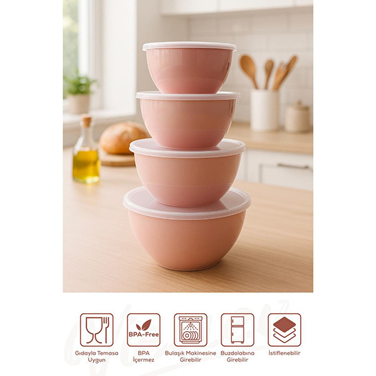 Vienev 12'li Yuvarlak Kase Seti Pembe | 1l, 1.5l, 2.3l, 3.3l | Kapaklı Çok Amaçlı Mutfak Saklama Kabı