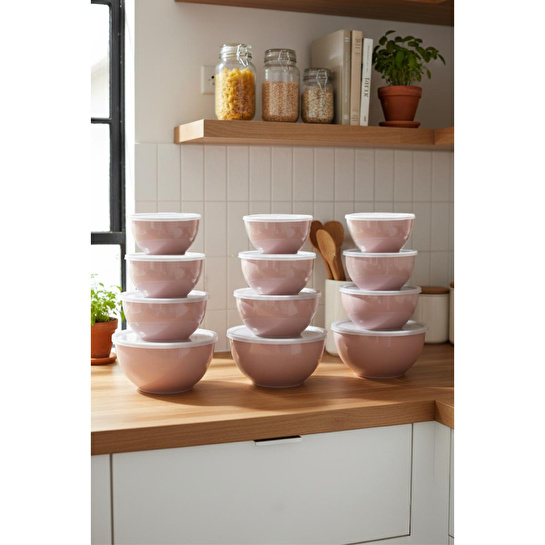 Vienev 12'li Yuvarlak Kase Seti Pembe | 1l, 1.5l, 2.3l, 3.3l | Kapaklı Çok Amaçlı Mutfak Saklama Kabı