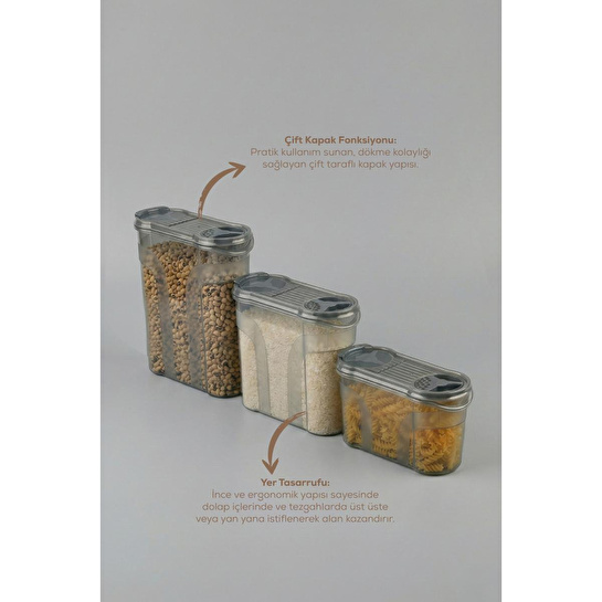 Vienev 3'lü Çift Kapaklı Erzak Saklama Kabı Seti 1x(1400-2150-2900 Ml) Antrasit