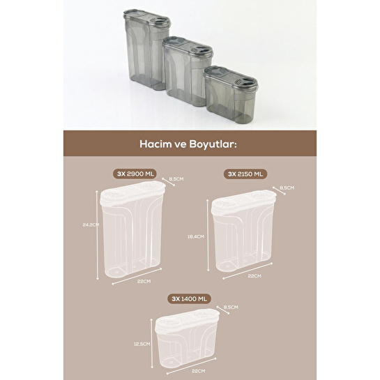 Vienev 3'lü Çift Kapaklı Erzak Saklama Kabı Seti 1x(1400-2150-2900 Ml) Antrasit