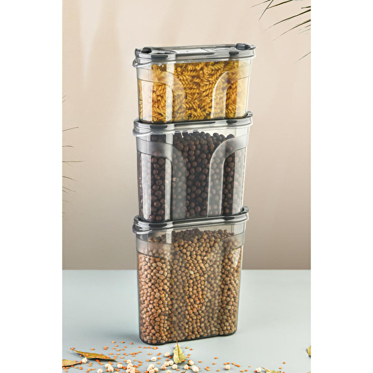 Vienev 3'lü Çift Kapaklı Erzak Saklama Kabı Seti 1x(1400-2150-2900 Ml) Antrasit