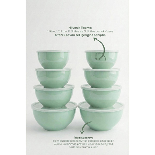 Vienev 8'li Yuvarlak Kase Seti Mint Yeşili | 1l, 1.5l, 2.3l, 3.3l | Kapaklı Çok Amaçlı Mutfak Saklama Kabı