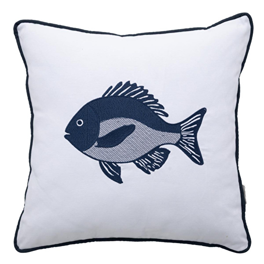 Mudo Home Mari̇n Fish Nakişli Kirlent Beyaz Laci̇vert 50x50 Cm
