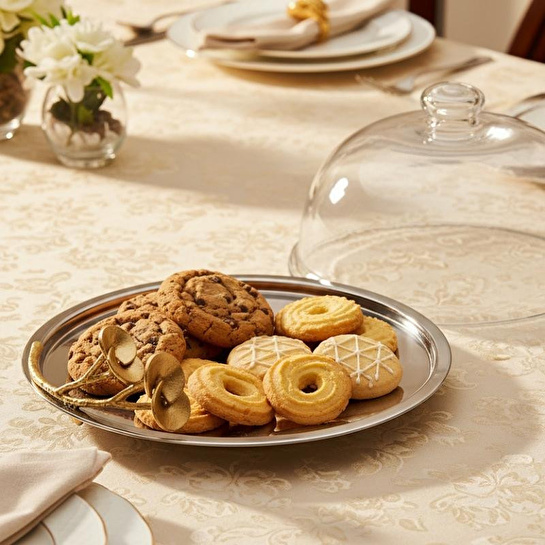 Cornella Rose Kapaklı Kek Fanusu Silver - Gold Çap:29 Cm X Boy:18 Cm