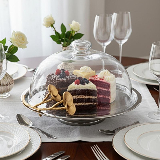 Cornella Rose Kapaklı Kek Fanusu Silver - Gold Çap:29 Cm X Boy:18 Cm