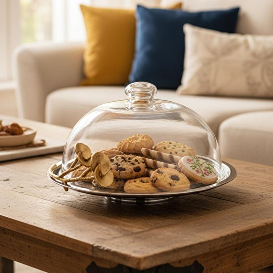 Cornella Rose Kapaklı Kek Fanusu Silver - Gold Çap:29 Cm X Boy:18 Cm