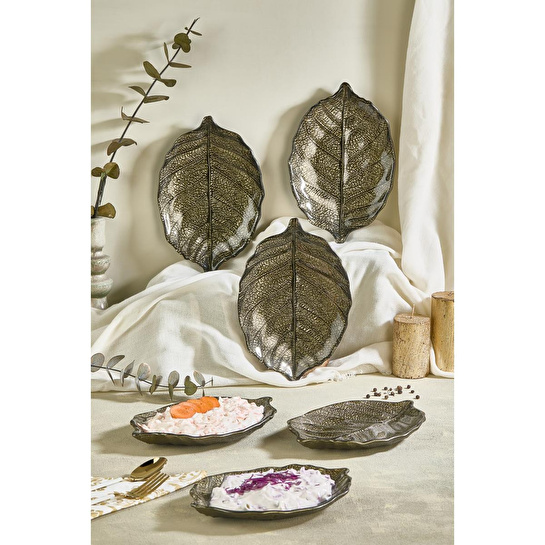 Lora Bianca Liva 6 Parça Set Yaprak Formlu Cam Servis Sunum Tabağı - Meze Sunum Tabağı - 6 Adet