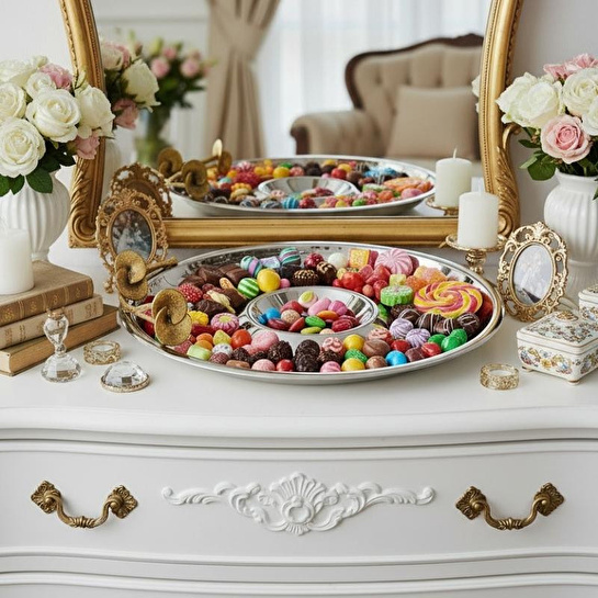 Cornella Rose Kendinden Bölmeli Sunum Tabağı Silver - Gold Çap :33 Cm