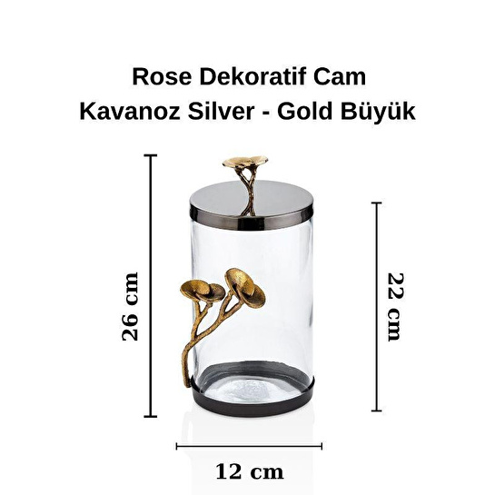 Cornella Rose Dekoratif Cam Kavanoz Silver - Gold Büyük Ağız :12 Cm X Boy:22 Cm X Tüm:26 Cm