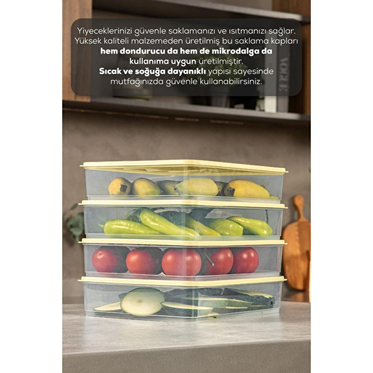 Vienev 4'lü 3,5 Litre Buzdolabı Dondurucu Organizer Mikrodalga Ve Difrize Uygun Saklama Kabı Sarı