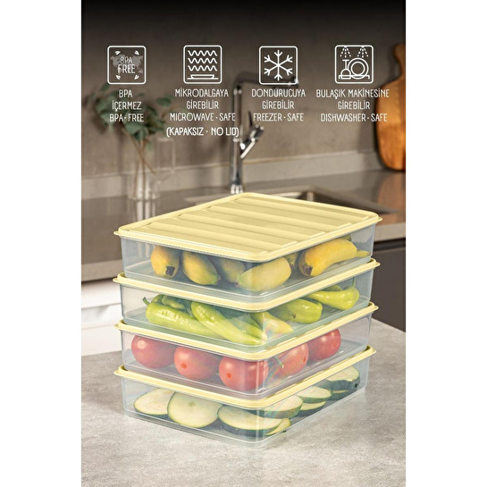 Vienev 4'lü 3,5 Litre Buzdolabı Dondurucu Organizer Mikrodalga Ve Difrize Uygun Saklama Kabı Sarı