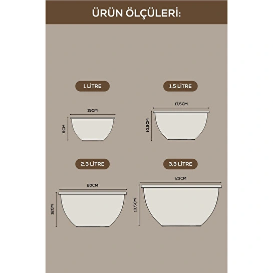 Vienev 4'lü Yuvarlak Kase Seti Bej | 1l, 1.5l, 2.3l, 3.3l | Kapaklı Çok Amaçlı Mutfak Saklama Kabı